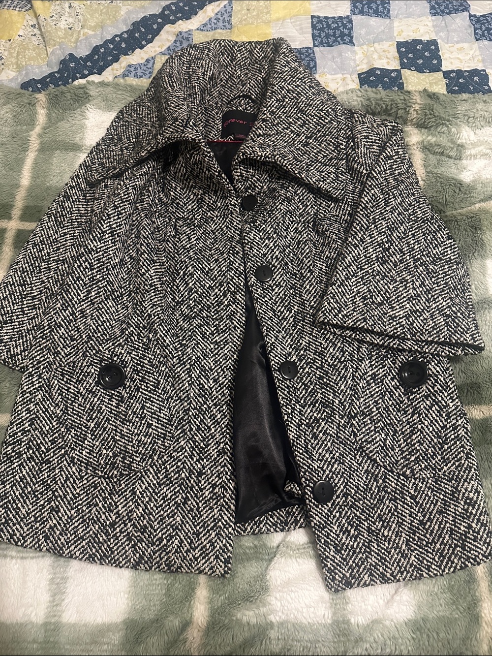 Forever 21 Black and White Herringbone Peacoat